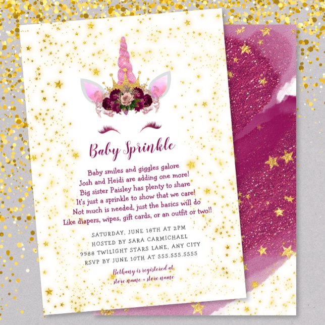 Pink Burgundy Gold Unicorn Baby Sprinkle Einladung (Von Creator hochgeladen)