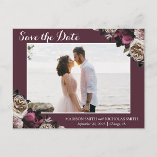 Pink Burgundy Moody Floral Save the Date Postcard Postkarte