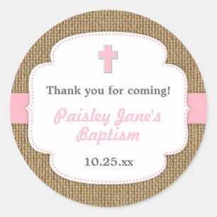 Pink Burlap-Cross-Girl-Taufe Runder Aufkleber