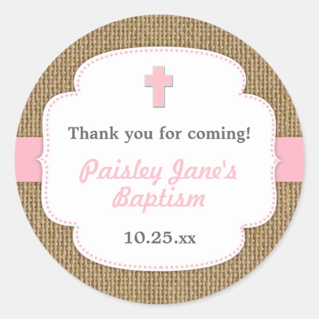 Pink Burlap-Cross-Girl-Taufe Runder Aufkleber (Vorderseite)