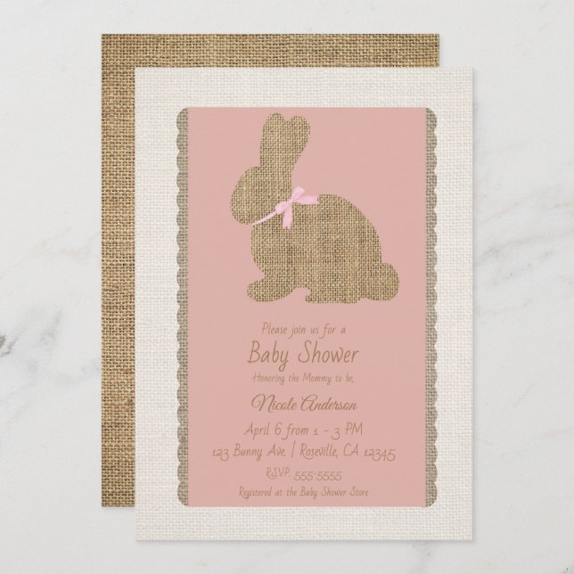 Pink & Burlap Rustic Bunny Oaster Baby Dusche Einladung (Vorne/Hinten)