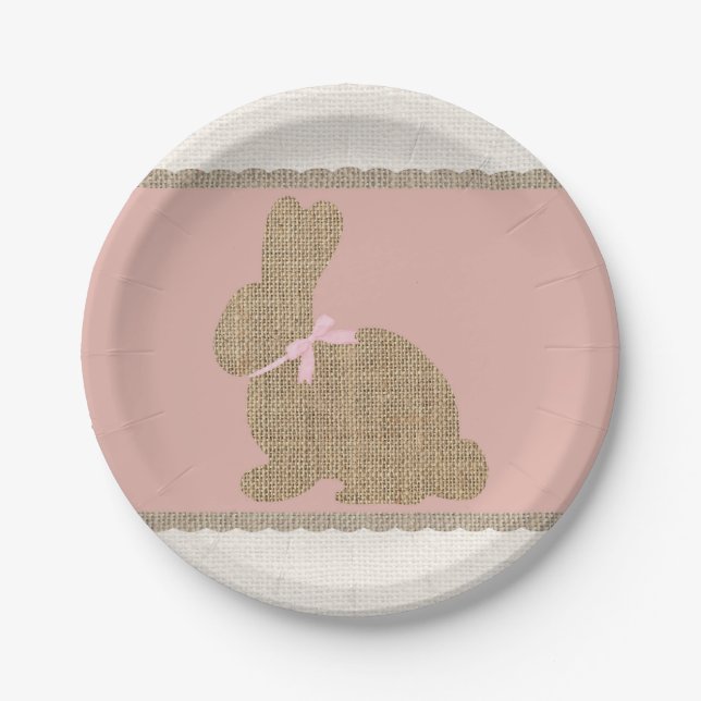 Pink & Burlap Rustic Bunny Oaster Baby Dusche Pappteller (Vorderseite)