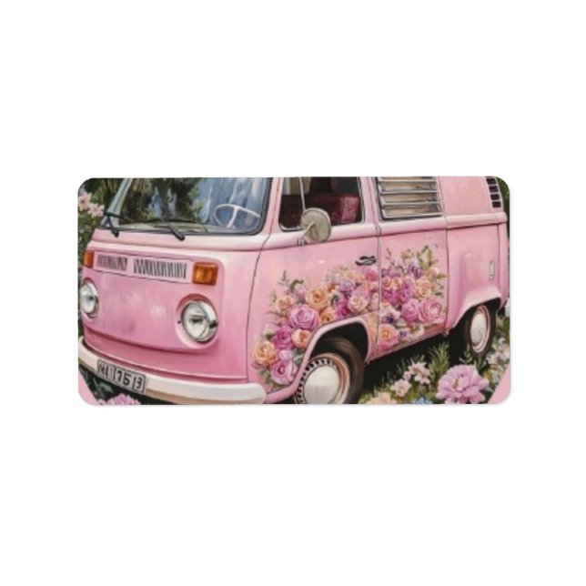 Pink Bus Beach Wall Art, Retro Van Print Californa Adressaufkleber (Vorne)