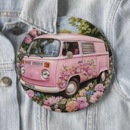 Pink Bus Beach Wall Art, Retro Van Print Californa Button
