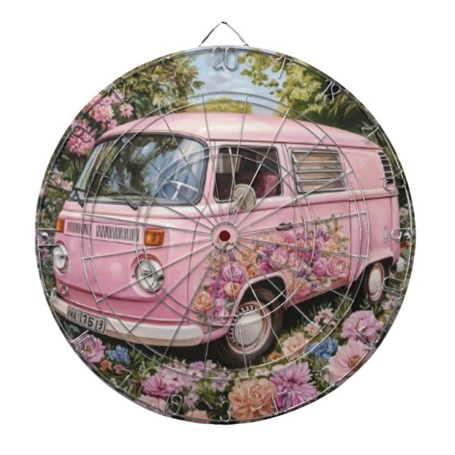 Pink Bus Beach Wall Art, Retro Van Print Californa Dartscheibe (vorne)