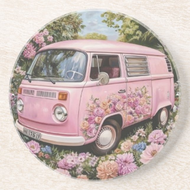 Pink Bus Beach Wall Art, Retro Van Print Californa Getränkeuntersetzer (Vorne)