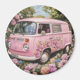 Pink Bus Beach Wall Art, Retro Van Print Californa Magnet