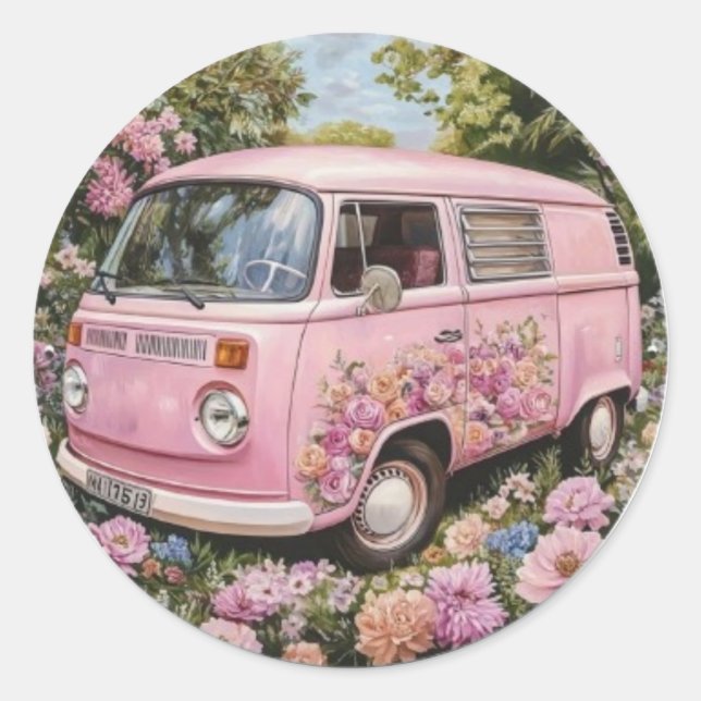 Pink Bus Beach Wall Art, Retro Van Print Californa Runder Aufkleber (Vorderseite)