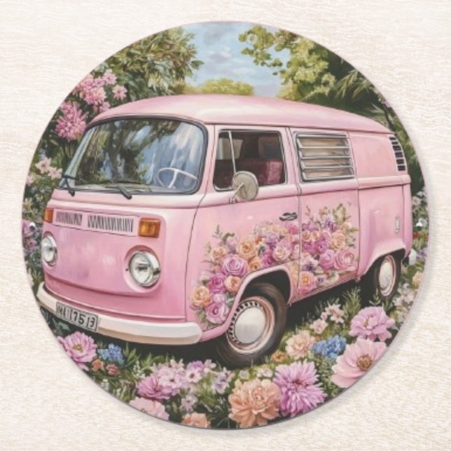 Pink Bus Beach Wall Art, Retro Van Print Californa Runder Pappuntersetzer (Vorderseite)