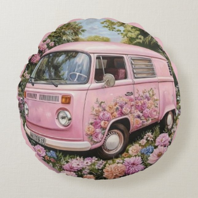 Pink Bus Beach Wall Art, Retro Van Print Californa Rundes Kissen (Vorderseite)