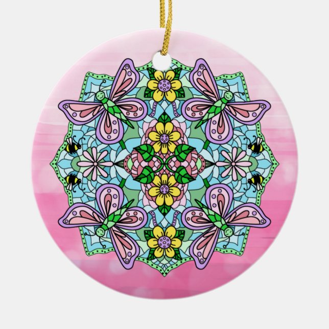 Pink Butterfats Mandala Weihnachten Keramik Ornament (Vorne)