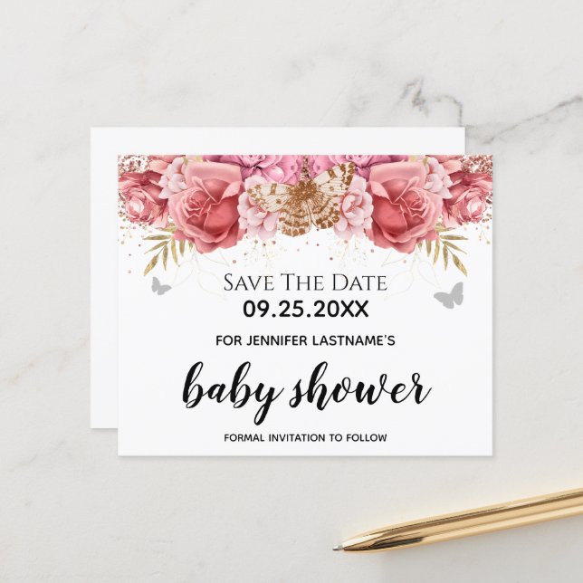 Pink Butterfells Floral Baby Dusche Save the Date (Vorderseite/Rückseite Beispiel)
