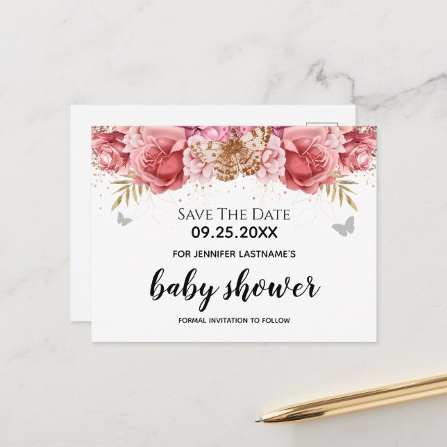 Pink Butterfells Floral Baby Dusche Save the Date Postkarte (Vorderseite/Rückseite Beispiel)