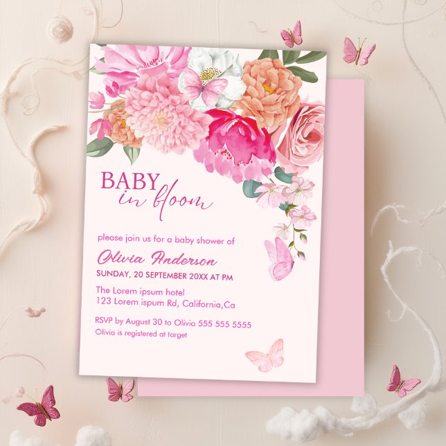 Pink Butterflies Baby in Bloom Bloral Baby Dusche Einladung (Von Creator hochgeladen)