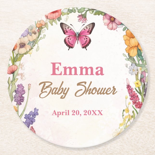 Pink Butterflies Babydusche Blumengarten Runder Pappuntersetzer (Vorderseite)