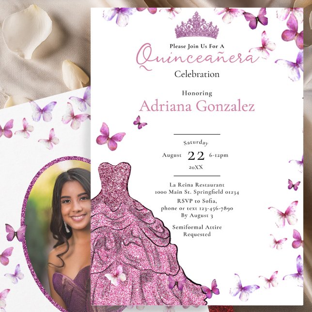 Pink Butterflies Dress and Tiara Photo Quinceanera Einladung (Von Creator hochgeladen)