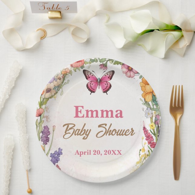 Pink Butterfly Baby Dusche Blumengarten Pappteller (Hochzeit)