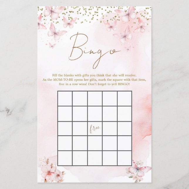 Pink Butterfly Baby Shower Girl Bingo Game (Vorderseite)