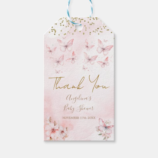Pink Butterfly Babydusche Danke, dass Sie dafür si Geschenkanhänger (Vorderseite)
