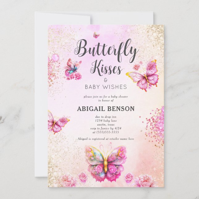 Pink Butterfly Babydusche Einladung (Vorderseite)