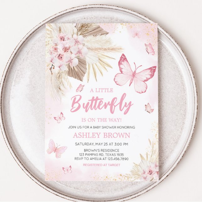 Pink Butterfly Babydusche Einladung (Girl Butterfly Pampas Grass Baby Shower Invitation)