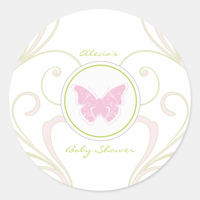 Pink Butterfly Babydusche Gefälligkeitsaufkleber Runder Aufkleber (Vorderseite)
