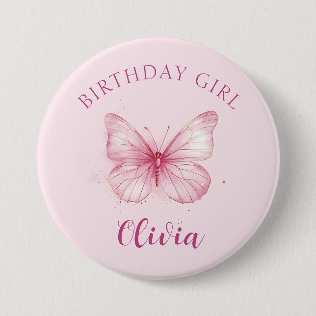 Pink Butterfly Birthday Girl Abzeichen Button (Vorderseite)