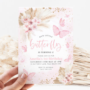 Pink Butterfly Boho Blume 1. Geburtstag Einladung