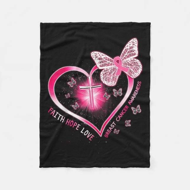 Pink Butterfly Cross Faith Hope Liebe Brustkrebs Fleecedecke (Vorderseite)
