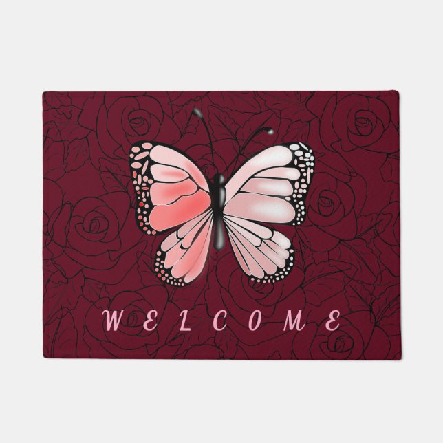 Pink Butterfly Doormat mit Rose Willkommen Fußmatte (Vorderseite)