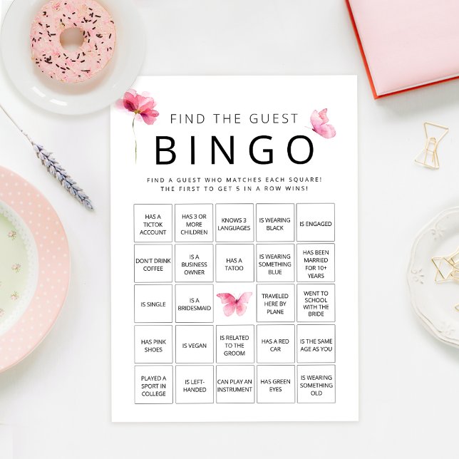 Pink Butterfly Finde die Gast Bingo Game Card Einladung (Von Creator hochgeladen)