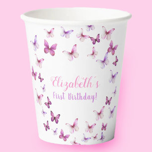 Pink Butterfly First Birthday Baby Girl Pappbecher