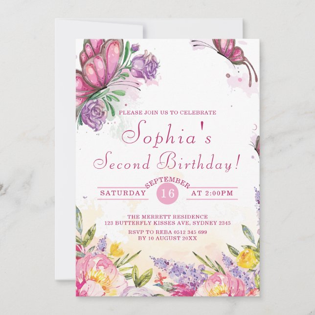 Pink Butterfly Flora Geburtstag Einladung (Vorderseite)