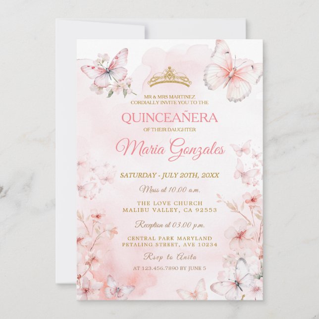 Pink Butterfly Floral Quinceañera Einladung (Vorderseite)