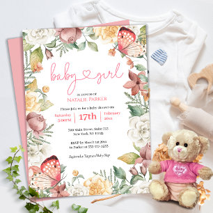 Pink Butterfly Floral Watercolor Girl Babydusche Einladung