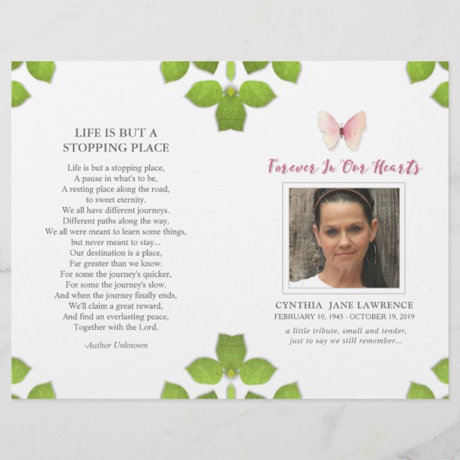 Pink Butterfly Foto Beerdigung-Gedenkprogramm (Vorderseite)