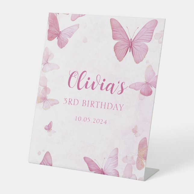 Pink Butterfly Geburtstagsparty Pedestzeichen Sockelschild (Vorderseite)