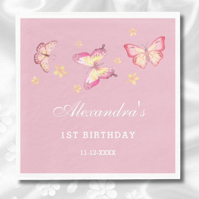 Pink Butterfly Girl 1. Geburtstag Party Serviette (Von Creator hochgeladen)