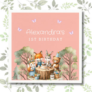Pink Butterfly Girl Woodland Tiere 1. Geburtstag Serviette