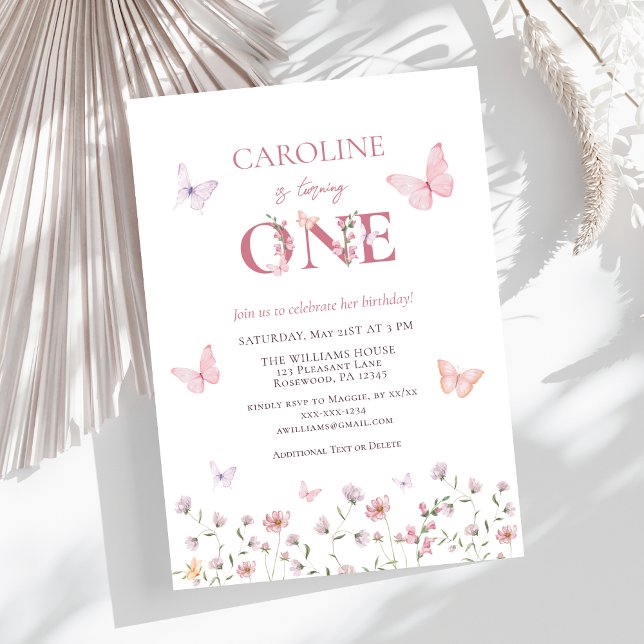 Pink Butterfly Girl zum ersten Geburtstag Einladung (Von Creator hochgeladen)