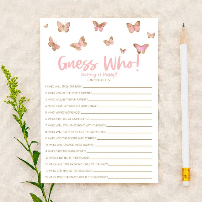 Pink Butterfly Guess Wer! Baby Shower Game Briefpapier (Von Creator hochgeladen)