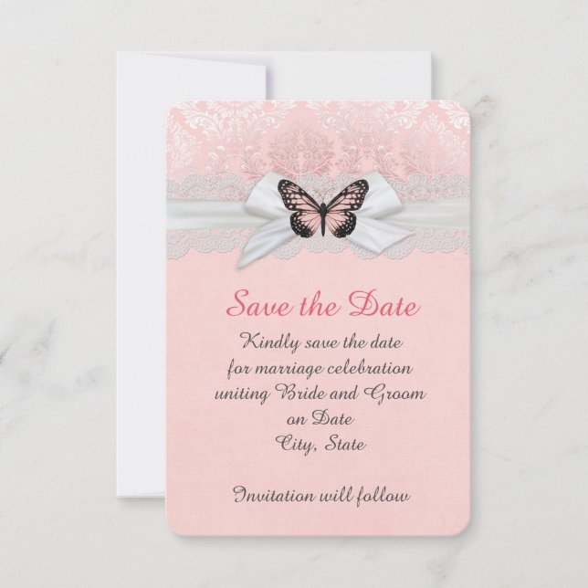 Pink Butterfly Leine Ribbon Damask Save the Date (Vorderseite)