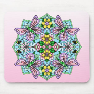 Pink Butterfly Mandala Whimsical Hand Drawing Mousepad
