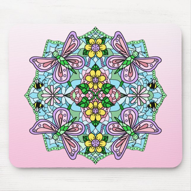 Pink Butterfly Mandala Whimsical Hand Drawing Mousepad (Vorne)