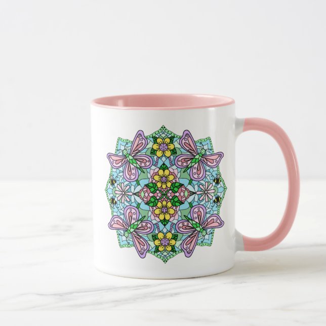 Pink Butterfly Mandala Whimsical Hand Drawing Tasse (Rechts)