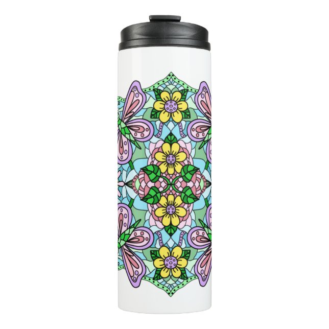 Pink Butterfly Mandala Whimsical Hand Drawing Thermosbecher (Vorderseite)
