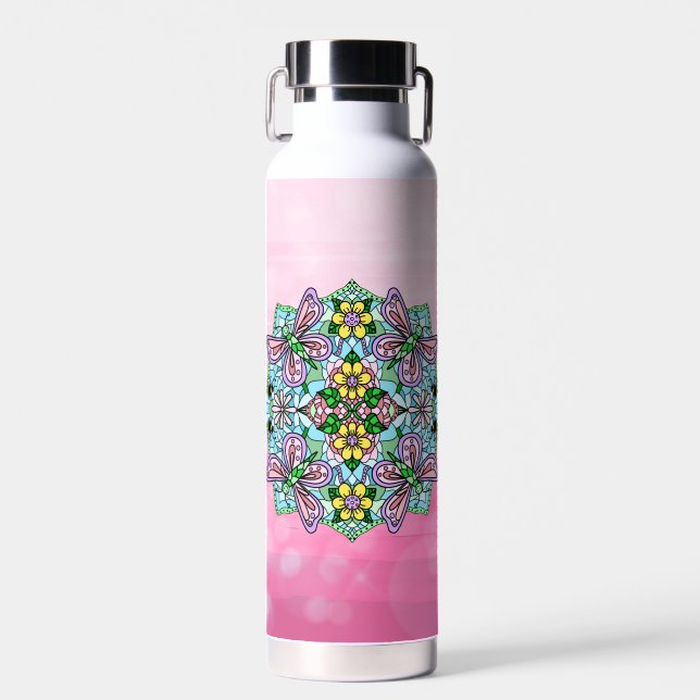 Pink Butterfly Mandala Whimsical Hand Drawing Trinkflasche (Vorne)