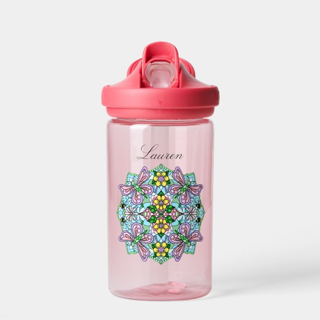 Pink Butterfly Mandala Whimsical Hand Drawing Trinkflasche (Vorne)