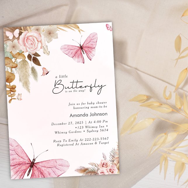 Pink Butterfly Pampas Grass Bohemian Baby Shower  Einladung (Von Creator hochgeladen)