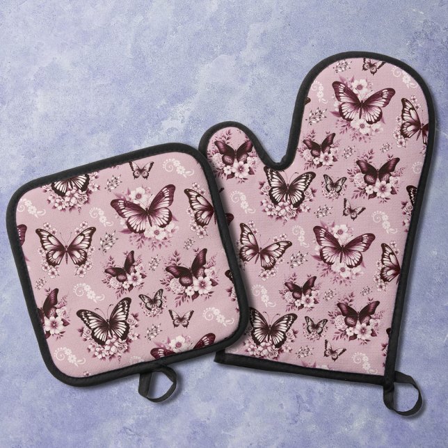 Pink Butterfly Pattern Ofenhandschuh & Topflappen-Set (Von Creator hochgeladen)
